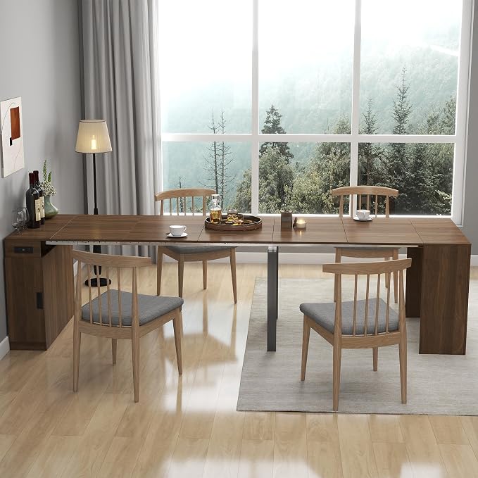 23.62”-118.11” Extendable Dining Room Table, 1-10 People Wood Long Foldable Tables with Storage Cabinet & Outlet, Space Saving Expanding Table with for Kitchen, Living Room, Party, Walnut