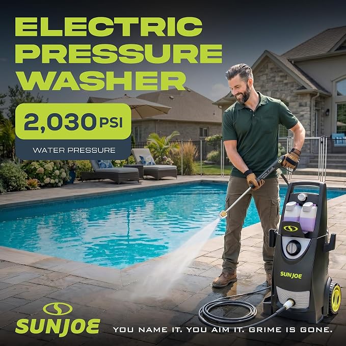 Sun Joe Pressure Washer, Electric Power Washer w/Extension Spray Wand and Hose, 2030 Max PSI (PWMA Rated)-Portable Cleaning & Washing Machine System for Patios, Decks & Sidewalks, SPX3000-PK1