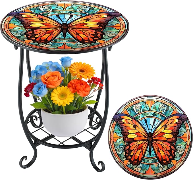 Cinnvoice Outdoor Side Table Round Small Mosaic Patio Accent Indoor End Plant Coffee Tea Table for Yard Patio Porch Garden Living Room, Bedroom(Butterfly B Style,12 Inch)