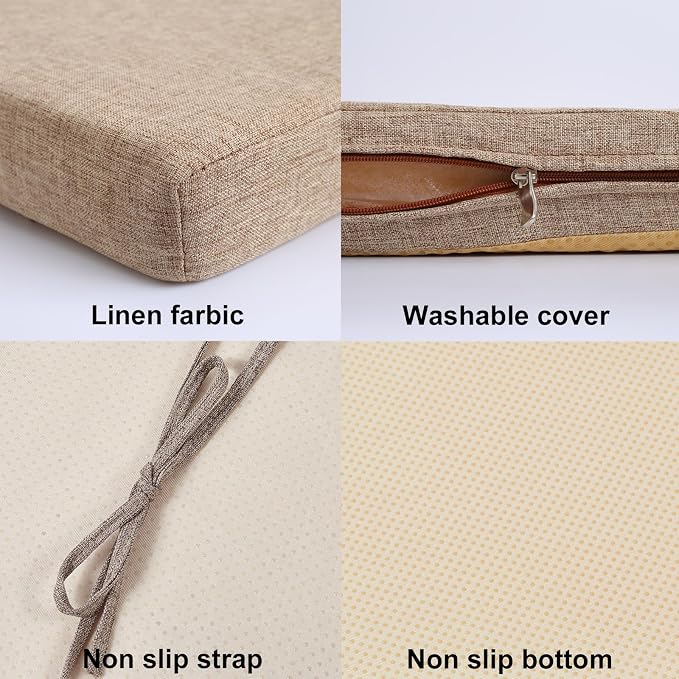 36x12 Inch Piano Bench Cushion w/ Washable Cover for Indoor Furniture,Khaki | Non slip high density foam bench seat cushion for kitchen dining room,shoe storage, entry way,window, settee