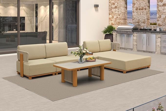 PURPLE LEAF Patio Furniture Set Modular L-Shaped Outdoor Sectional Sofa with 11" Thick Olefin Cushion 5-Piece Outdoor Conversation Set w/Daybed & Ottoman for Backyard Poolside Table Included, Beige