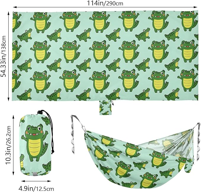 Camping Hammock Outdoor Hammocks for Outside Crocodile Cute Green Beach Trees Portable Lightweight with Pockets Tree Straps Indoor