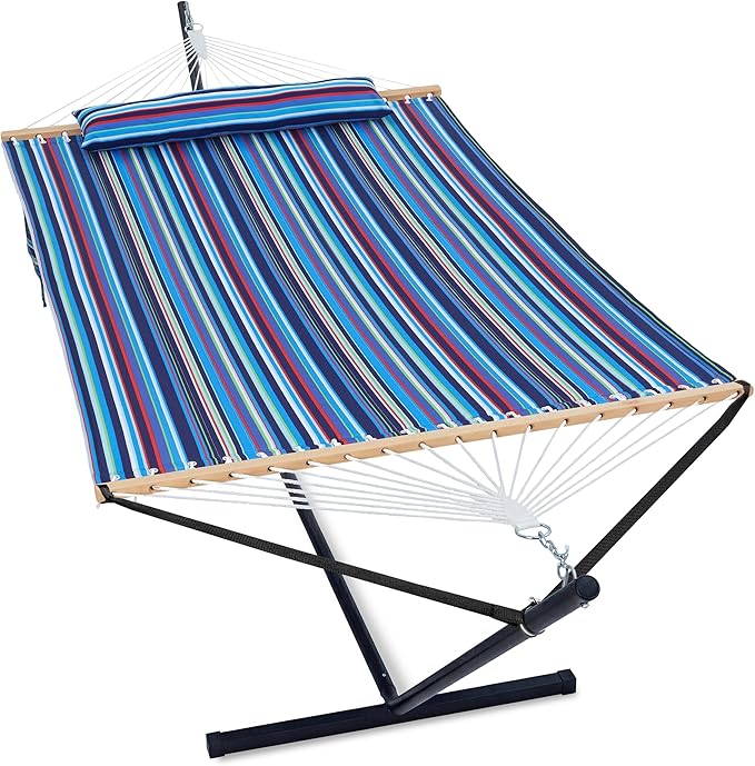 2 Person Hammock with Stand for Outside, Heavy Duty Steel Stand, Double 55inch Hammocks, Large Removable Pillow, Storage Bags, Max 475 lbs Capacity (Blaze Blue Stripe)