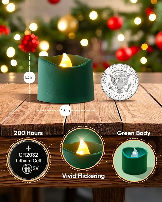 Raycare 24Pcs Green Battery Operated Tea Lights, 200+Hour Electric Flickering Flameless Candles, Realistic Votive LED Tea Lights for St. Patrick's Day Theme Party Halloween Christmas Decorations