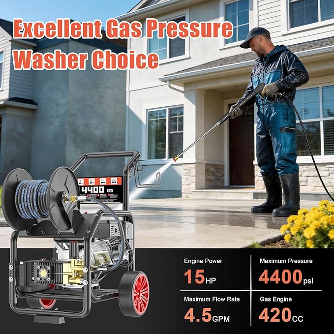 4400PSI Gas Pressure Washer with Hose Reel, One-Button Start 420cc 15HP 4-Cycle Engine, 4.0 GPM Heavy Duty Power Washer with 50FT 3/8" Hose, Spray Gun & Wand, 5 Quick Connect Nozzles