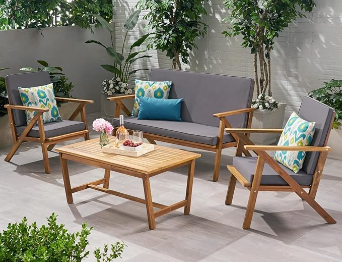 Merax 4 Piece Acacia Wood Patio Conversation Table and Chairs Furniture Sets, Outdoor Dining Couch Sofa for Porch Deck Backyard Lawn Balcony Bistro, Brown Grey