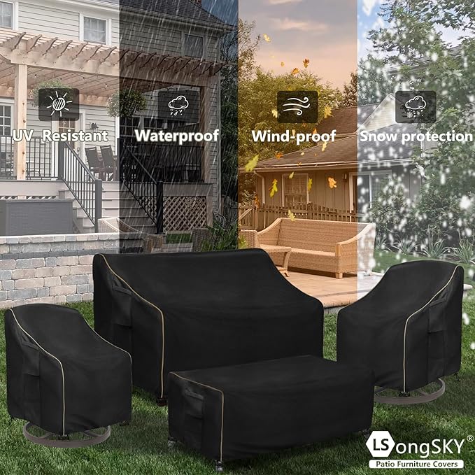 Patio Furniture Covers 4 Piece Set, 600D Heavy Duty Outdoor Furniture Covers Waterproof for Patio Loveseat, Swivel Rocker Chair and Coffee Table,Black