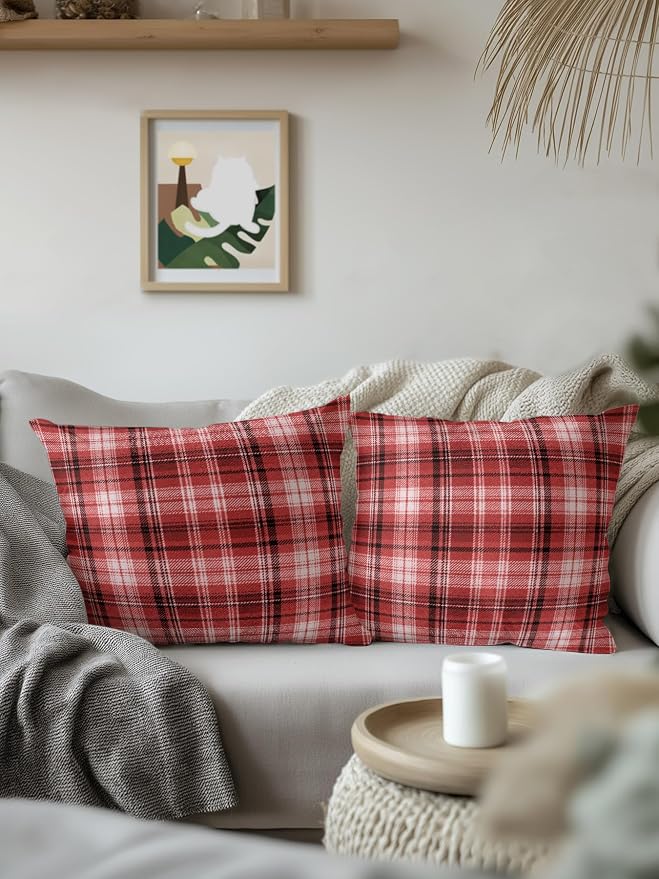 Waterproof Outdoor Pillow Set of 2 Red Checked Plaid Decorative Throw Pillows Cover & Insert 16x16 Inch Pillowcase Stripes Woven Grid Square Pillows for Couch Sofa Bed Patio Furniture Indoor Outdoor