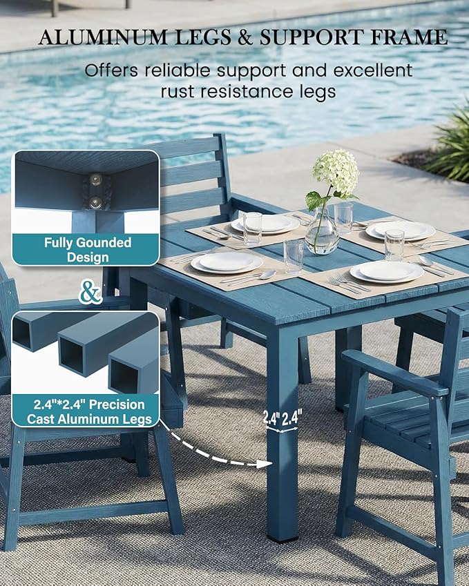LOUNZY 5-Piece HDPE Patio Dining Set - Outdoor Square Table with 2" Hole Cut-Out & 4 Chairs,Navy