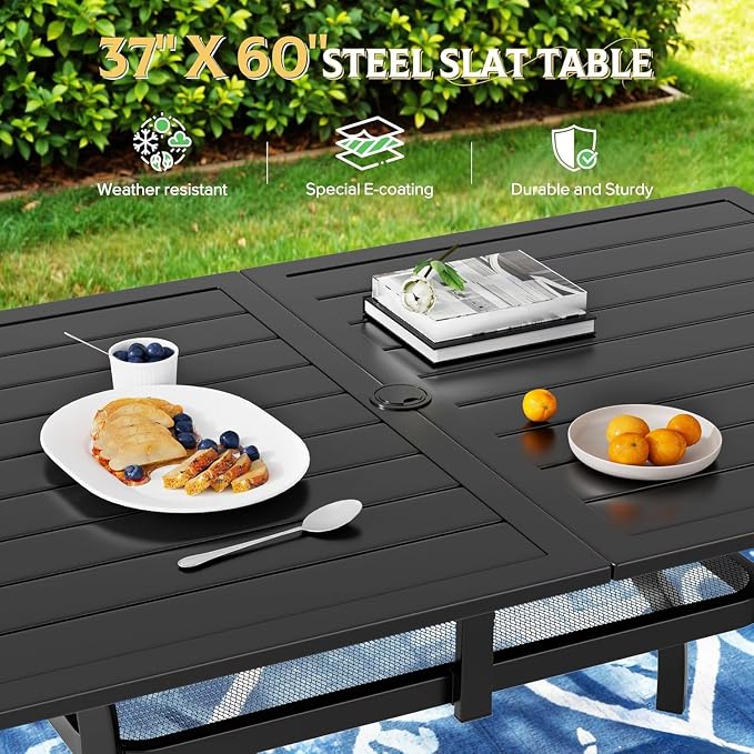 Crownland 7 PCS Furniture Patio Dining Set, 6 Swivel Metal Chairs and Rectangular Outdoor Dining Table with 1.57" Umbrella Hole, Suitable for Backyard, Lawn, Garden (Metal Tabletop)