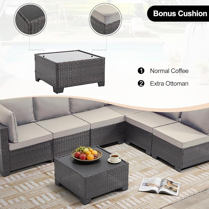 CANMOV 5 Pieces Patio Furniture Sets, All Weather Outdoor Patio Conversation Set, PE Wicker Rattan Sectional Sofa Couch with Glass Coffee Table and Washable Cushions for Backyard Garden, Porch, Khaki