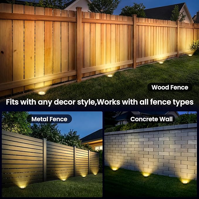 GIGALUMI Solar In-Ground Fence Lights - No-Drill Fence Lighting Solution, Waterproof Perimeter Lights Compatible with Wood, Metal & Concrete Fences (16 Pack Warm White)