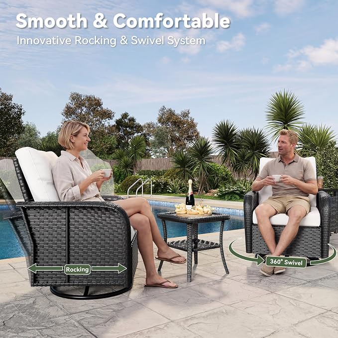 Aoxun 7-Piece Patio Furniture Set with 44” Fire Pit Table, Wicker Rattan Outdoor Sectional Sofa with High Back Swivel Rocker Chairs, Outdoor Patio Furniture Set with Thick Cushions & Ottoman, Beige