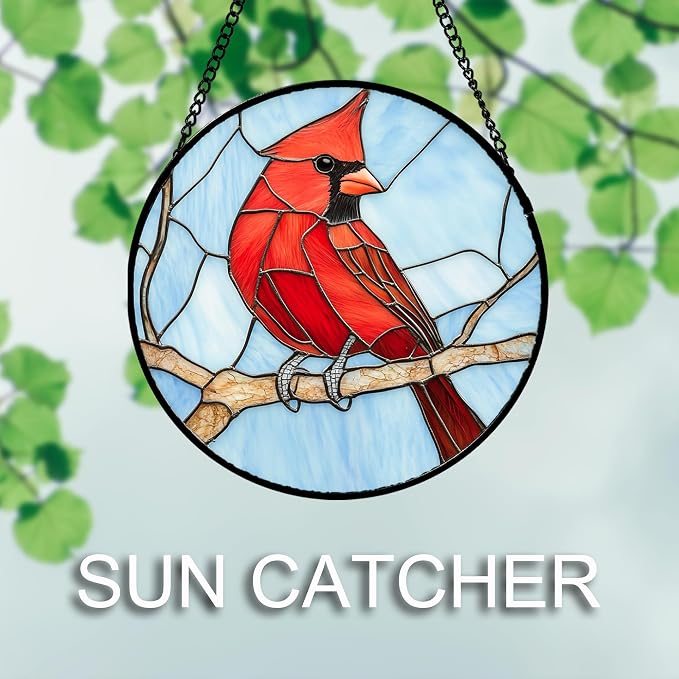Stained Glass Window Hanging Cardinal Birds 6.3" - Suncatcher Door Garden Sun Catcher Home Decor Christmas Birthday for Bird Lovers Woman Her Nana Wife Men Mom