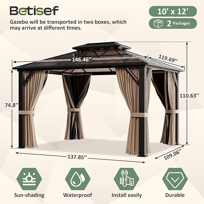 10'x12' Hardtop Gazebo, Outdoor Polycarbonate Roof Canopy, Aluminum Frame Permanent Pavilion with Curtains and Netting, Canopy for Garden, Patio, Lawns