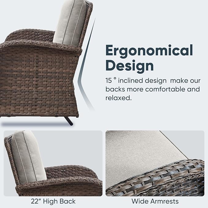 Belord 5 Piece Wicker Patio Furniture Set - Outdoor Conversation Sets with Deep Seating Swivel Rocker Chairs Loveseat and Rattan Coffee Table for Deck Backyard, Brown Wicker/Beige Cushion