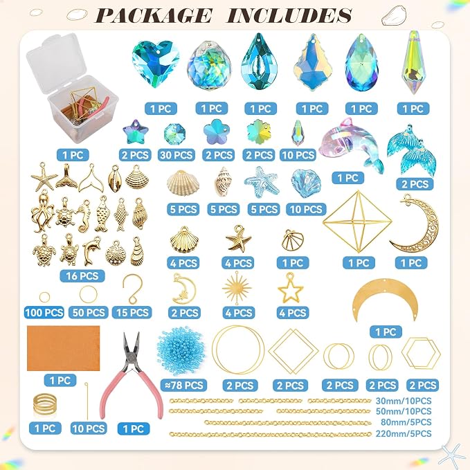 408 Pcs DIY Ocean Suncatchers Kit for Adults – Crystal Suncatchers Rainbow Maker with Genuine Natural Seashells, Art and Crafts for Adults, Hanging Window Decor for Home, Parties & Weddings