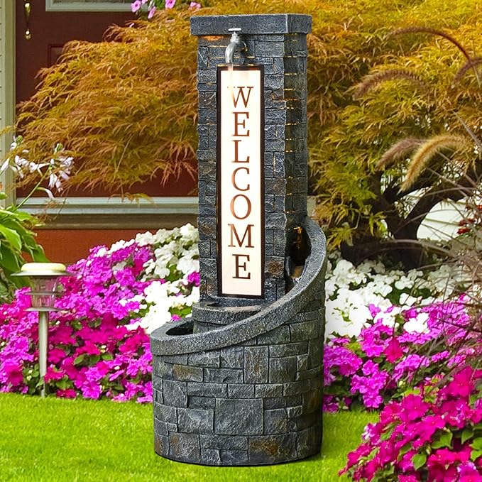 35.43'' Outdoor Water Fountain with LED Light, Cascading Waterfall Fountain for Garden Patio Backyard, Decorative Water Feature for Home & Yard Relaxation