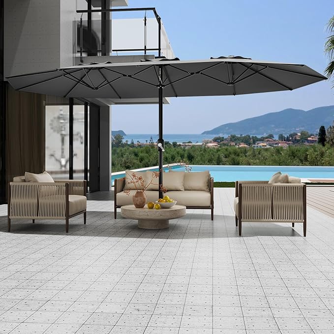 15 ft Umbrella Outdoor Patio with Base, Double-Sided Rectangular Outdoor Shade,UV & Fade-Resistant Polyester, Easy Crank Lift,Waterproof Market Umbrella for Pool, Garden, Backyard