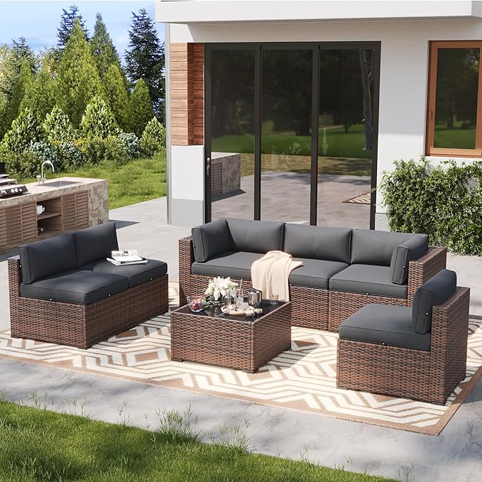 LazySunsets 7 Piece Outdoor Patio Furniture Set with Coffee Table, Outdoor Patio Furniture Sets with Waterproof Cover, Wicker Rattan Outdoor Conversation Set for Backyard & Garden, Grey