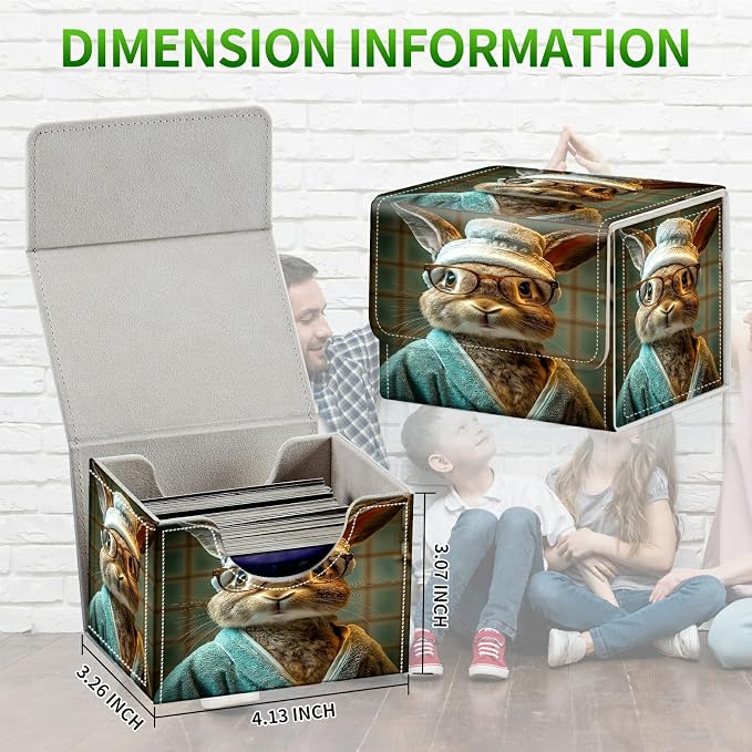 Card Deck Box for MTG, Cards Storage Box Fits 120+ Sleeved, Leather Small Size Strong Magnetic Closing Card Case for Board Games Magic TCG CCG Baseball Collection, Glasses Rabbit
