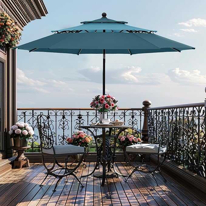 GREEN PARTY 10ft Outdoor Patio Umbrella, [Auto-Tilting] 3 Tiers Market Table Umbrellas with 1.5" Pole, 8 Sturdy Ribs, 3-Year-Non-Fading for Garden Deck Pool Backyard, Blue & Cerulean