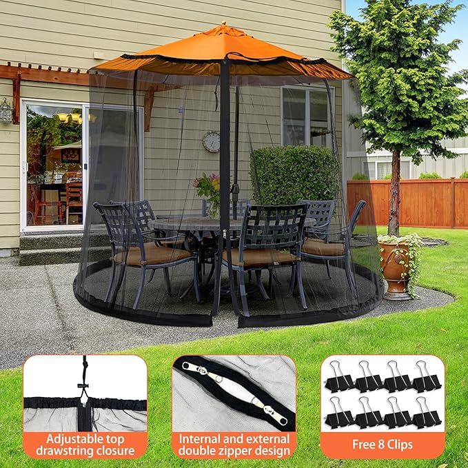 Patio Mosquito Netting - Mosquito net for Patio Garden and Outdoor Umbrellas with Adjustable Elastic Cord and Zipper Umbrella net