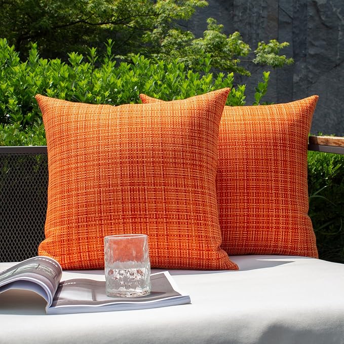 Kevin Textile Outdoor Waterproof 24x24 Inch Pillow Covers 2 Pack, Orange | Water Resistant, Faux Linen Yarn-dyed, Woven Texture Euro Throw Pillow Covers for Tent Patio Garden Couch Sofa