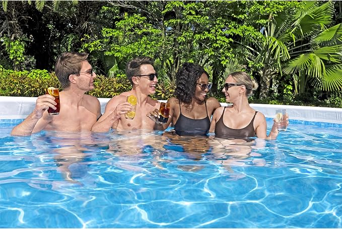 Bestway Power Steel 18' x 9' x 48” Above Ground Pool, Rectangular Metal Frame Outdoor Swimming Pool Set with Sand Filter Pump, Ladder, and Cover