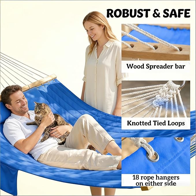 2-Person Tree Hammock Outdoor, Portable Double Hammock Without Stand, Detachable Headrest Magazine Pocket, 450 lbs Capacity, Camping Patio Backyard Indoor Outdoor Hammock Bed (Navy Blue)