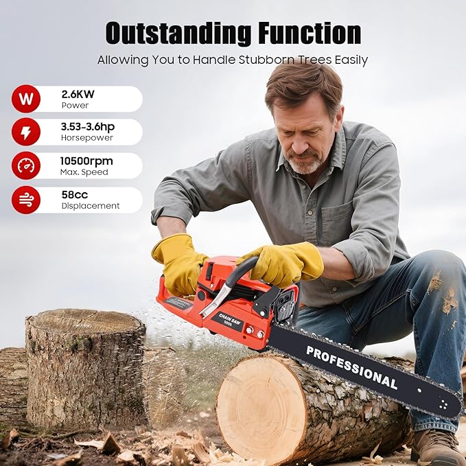 Chainsaw Gas Powered 58cc 20 Inch Chain Saw, 2 Stroke Handheld Cordless Petrol Chainsaws With Fuel Tank, Heavy Duty Gasoline Chainsaw For Wood Trees Cutting Garden Farm Ranch Home