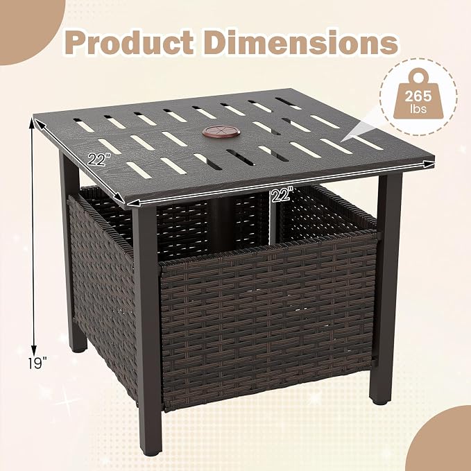 Outdoor Side Table with Umbrella Hole, Umbrella Table with Zinc-Iron Alloy Tabletop & Sturdy Galvanized Iron Frame, 22" Wicker End Table for Patio, Garden, Porch, Poolside(Mix Brown)