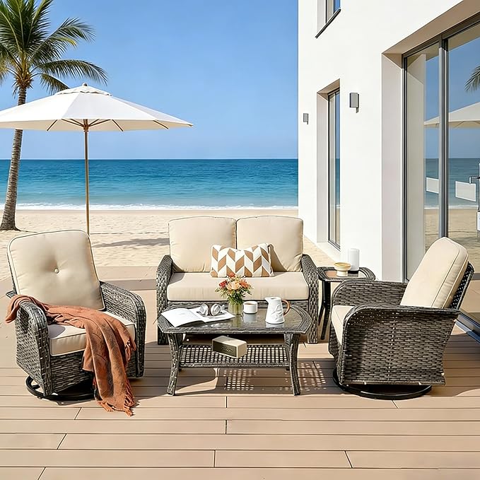 5 Pieces Patio Furniture Set, All Weather Rattan Patio Conversation Sets with Swivel Rocking Chairs, Coffee Table, High Back Outdoor Furniture Loveseat for Porch, Backyard,Beige
