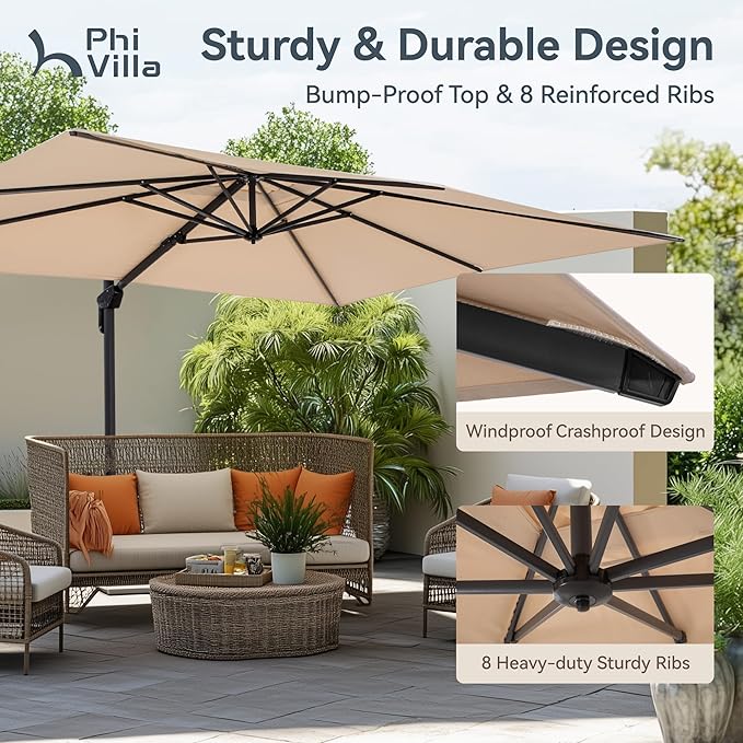 PHI VILLA 9'x 12' Cantilever Patio Umbrella with Crank Handle, 6-Level Tilt & 360° Rotation, Aluminum Square Outdoor Offset Umbrella Windproof & Crashproof for Garden, Deck, Pool (Beige)