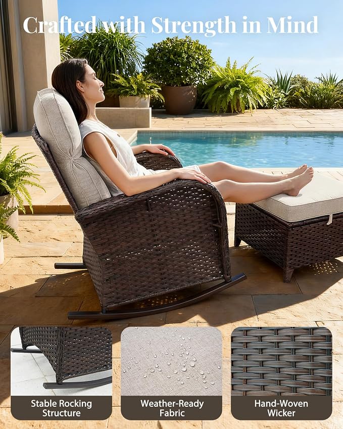 Luxury Patio Furniture Set with 6" Thick Cushions, High Back Outdoor Rocking Chairs and Ottomans, 5 Pieces All Weather Conversation Set for Porch Deck Poolside Yard (Beige)