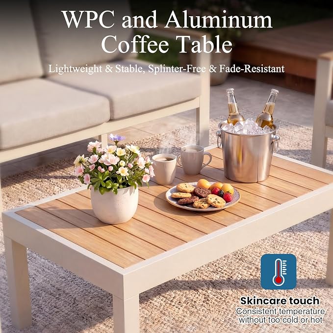 7-Seater Beige Aluminum Patio Conversation Set, Outdoor Sectional Sofa Set with Coffee Table, 1.5mm Thick Powder-Coated Frame, Weather Resistant Outdoor Furniture with Washable Waterproof Cushions