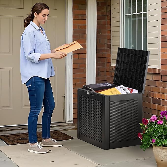 Outdoor Storage Box, 35 Gallon Resin Deck Boxes Outdoor Waterproof For Patio Furniture, Garden Tools, Pool Supplies, Lockable And UV Resistant (Rattan Black)