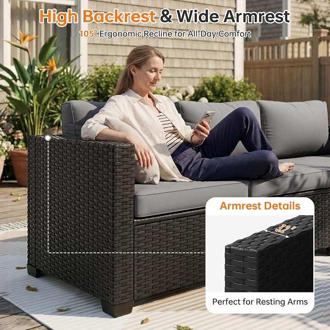 LazySunsets 6-Piece Outdoor Patio Furniture Set, Rattan Outdoor Sectional with Thick Waterproof Cushions, Wicker Ottomans & Waterproof Cover, Patio Conversation Set for Garden, Backyard, Grey