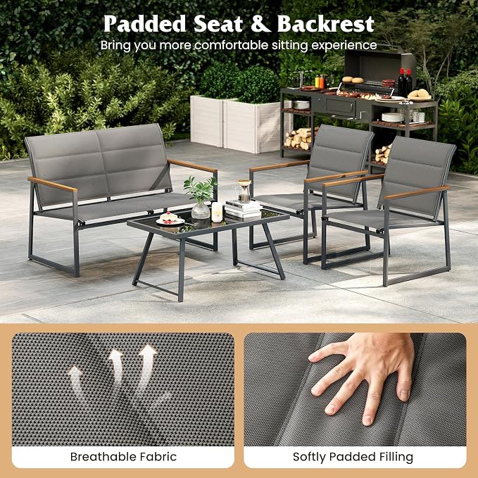 HAPPYGRILL 4-Piece Patio Furniture Set, Modern Sectional Sofa Set w/Fabric Seats, Wood-Plastic Armrests, Tempered Glass Coffee Table, Outdoor Conversation Set for Backyard Balcony Garden Porch (2)