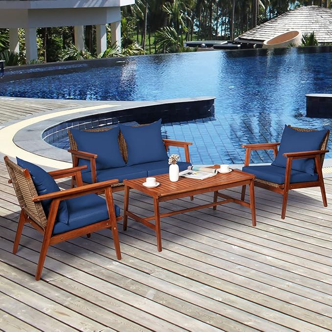 Tangkula 8 PCS Patio Wood Sofa Set, Outdoor Acacia Wood Seating Chat Set with Cushions & Coffee Table, Sectional Conversation Sofa Set for Garden, Backyard, Poolside (2, Blue)