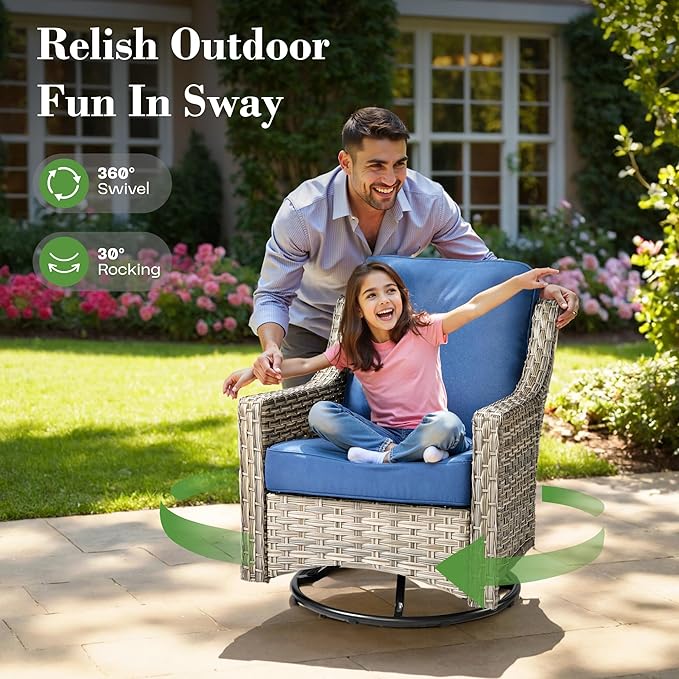 ovios 5 Piece Outdoor Patio Furniture with 3 Seat Sofa,Rattan Wicker Coversation Set with Swivel Rocking Chair,Balcony Sofa Set with Shiny Table for Outside Porch Backyard Pool, Navy Blue