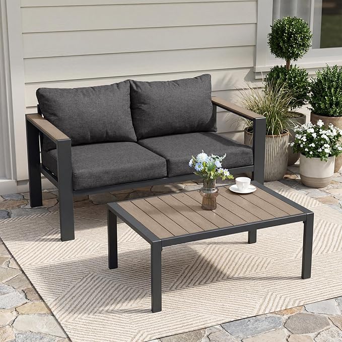 Outdoor Patio Furniture Set Loveseat and Coffee Table with Washable Thick Cushions, All-Weather Luxury Aluminum Large Sectional Sofa for Porch, Balcony, Deck, Yard, Dark Gray