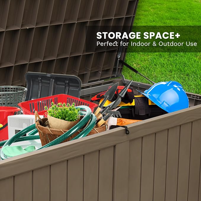 120 Gallon Large Outdoor Storage Box, Durable Deck Boxes Outdoor Waterproof, Resin Waterproof Deck Box for Patio Furniture Outdoor Cushions Garden Tools and Pool Storage (Light Brown, 120Gallon)