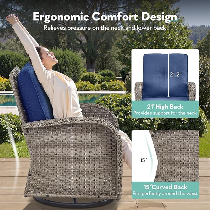 7 Piece Patio Furniture Set - Wicker Patio Conversation Set with Swivel Glider, Glider Loveseat, Tempered Glass Side Table and 2 Ottomans for Deck Backyard - Grey Wicker Blue Cushion