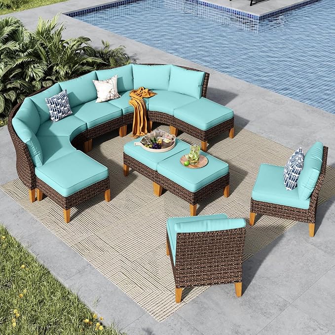 MFSTUDIO 11 Pieces Wicker Patio Furniture Set, All-Weather Rattan Outdoor Half-Moon Curved Sectional Sofa Set for Garden, Backyard, 4 x Curved Sofa, 3 x Armless Couch 4 x Ottoman(Aqua Blue Cushions)