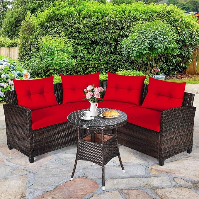 HAPPYGRILL 4 Pieces Rattan Patio Conversation Set, Outdoor Wicker Furniture Set with Cushioned Sofas and Coffee Table, L-Shape Sectional Curved Sofa Set for Garden Poolside Balcony