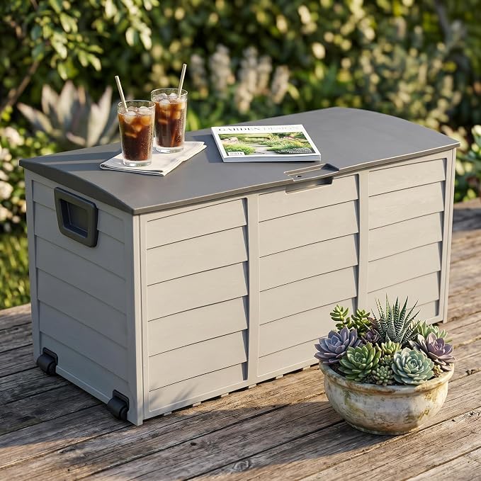 75 Gallon Grey Outdoor Storage Deck Box, 260L Waterproof UV Resistant Plastic Patio Storage Bin with Wheels & Lockable Lid, Weatherproof Container for Cushions Tools Toys