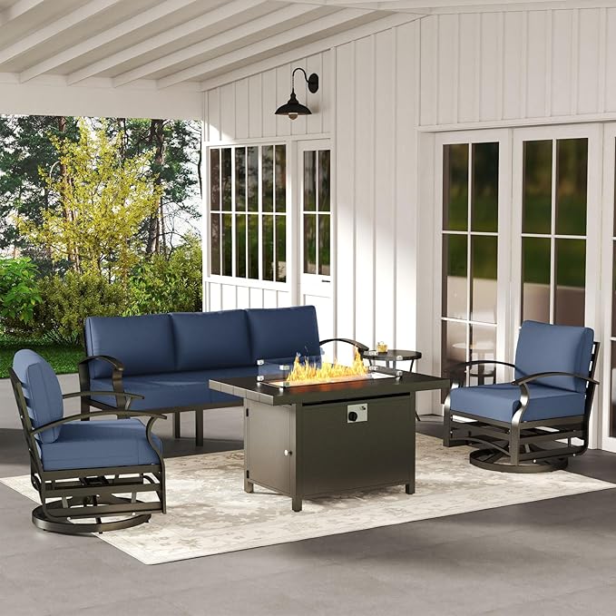 ALAULM Aluminum Patio Furniture Set with Propane Fire Pit Table 5-seat Metal Outdoor Furniture w/Fire Pit Patio Sectional Sofas w/5.1" Cushions for Patio, Backyard, Poolside-Dark Blue