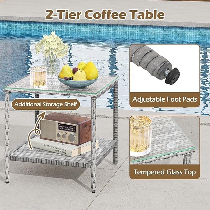 Tangkula 3 Pieces Patio Furniture Set, PE Rattan Outdoor Cushioned Conversation Chairs with 2-Tier Tempered Glass Tabletop Table, for Balcony, Garden and Poolside