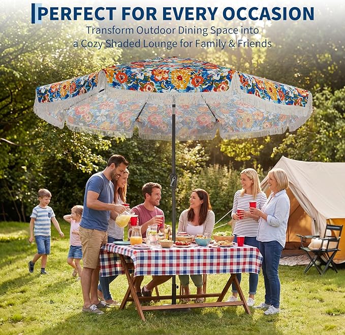 Garvee 10FT Fringe Patio Umbrella with Crank Handle, Push Button Tilt for Sun Shade,8 Fiberglass Ribs,1.5" D Premium Steel Pole, Outdoor Large Tassel Umbrella for Patio Beach Pool Backyard,10' Flower